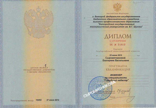 Диплом инженера по специальности «Городской кадастр» — Сыромятникова Е.В.