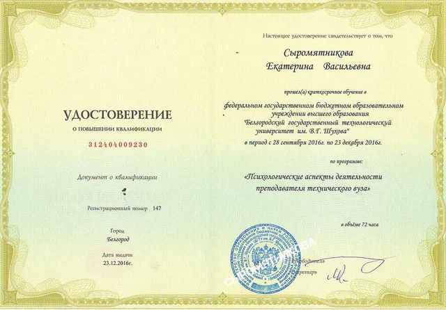 Удостоверение о повышении квалификации — Сыромятникова Е.В.