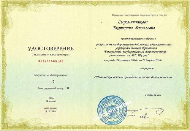 Удостоверение о повышении квалификации — Сыромятникова Е.В.